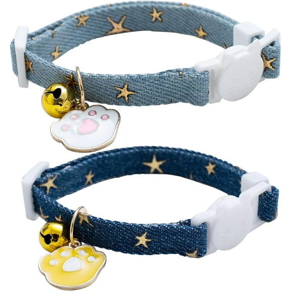 LTI&LWI Cat Collar Denim Stars Pattern Bell Paw Print Charm, Blue, 2 Pack
