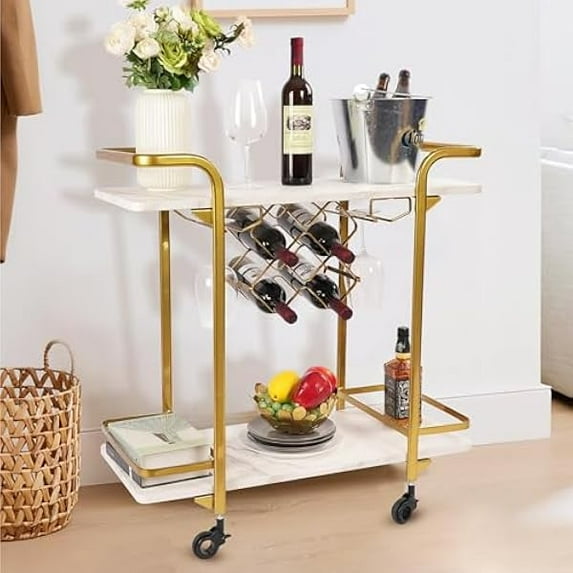LTMATE Gold 2-Tier Bar Cart with Glass Holder & 5-Bottle Wine Rack, Rolling Solid-Wood Kitchen Serving Trolley