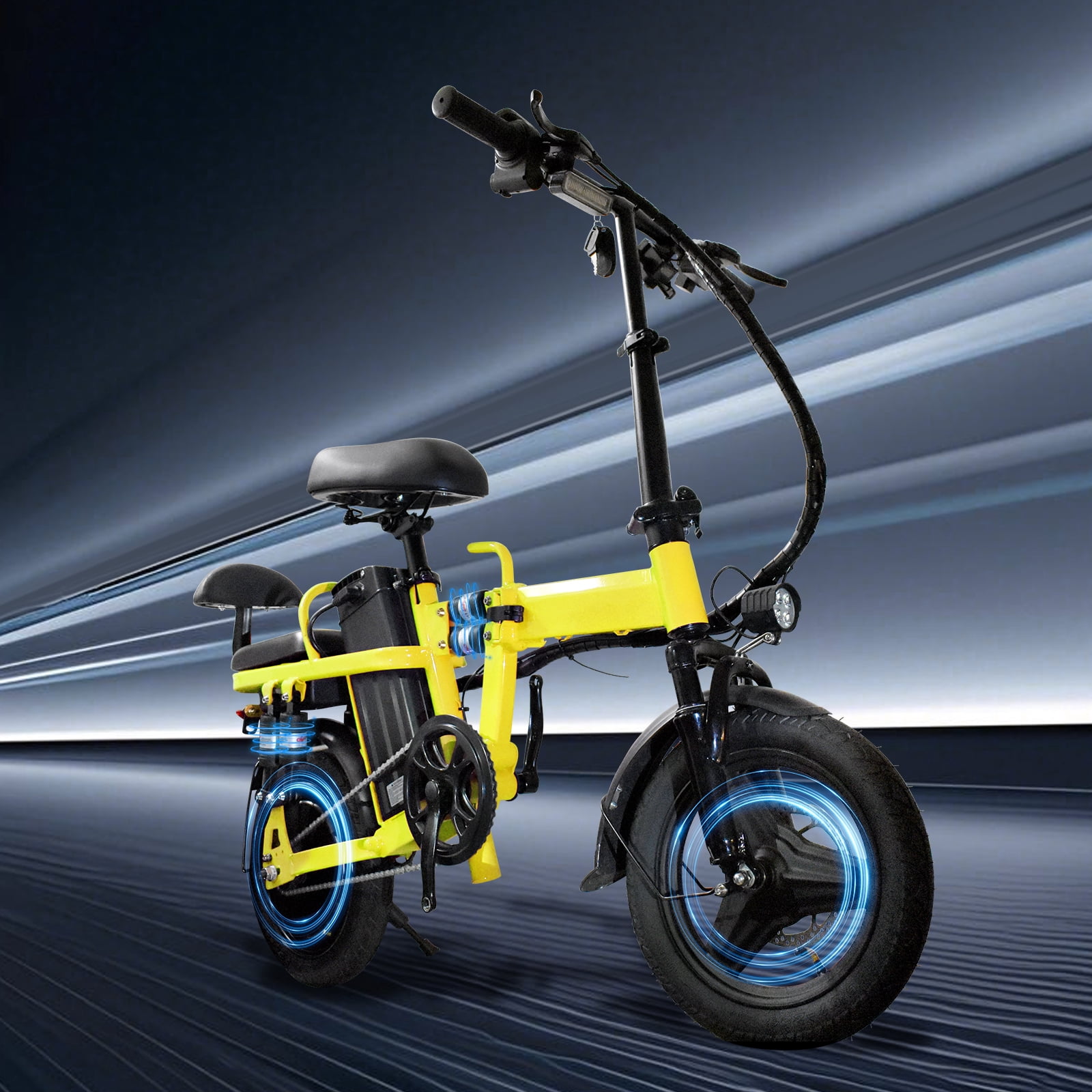 750W Peak Foldable Electric Bike for Adults, 48V 20Ah Removable Battery 45 Miles Range Ebike, Double Seat with Backrest, Upgraded Suspension & Phone Holder, Yellow