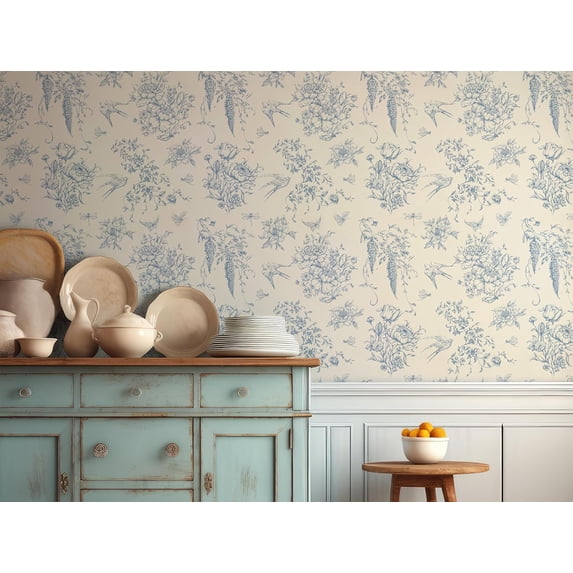 LTMATE French Country Blue Toile Wallpaper – Warm White Vintage Design – Self-Adhesive, Non-Woven Fabric – 120in x 24in – Eco-Friendly, No VOCs, Perfect for Accent Walls & DIY Projects