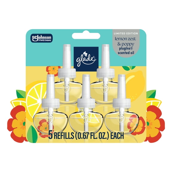 Glade PlugIns, Lemon Zest & Poppy Scented Oil, 3.35 oz, 5 Count