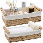 LTONLINE Wicker Storage Baskets with Wooden Handles, Small Decorative Baskets for Organizing, Bathroom Toilet Tank Baskets (Set of 2,Beige)