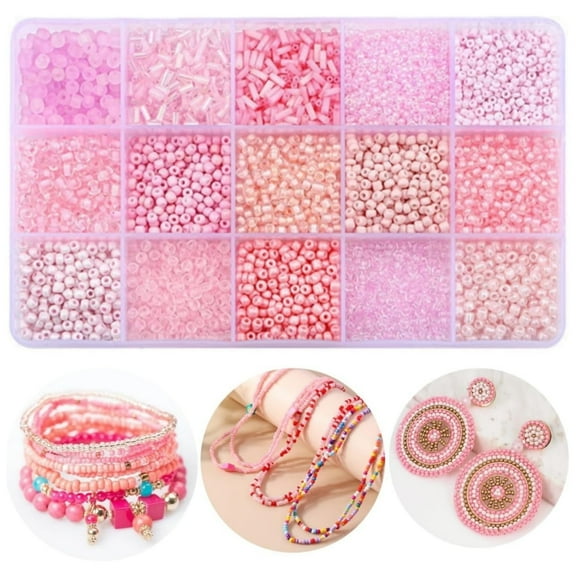 LTS EMIRA 4500Pcs 15 Grids Assorted Glass Seed Beads for Jewelry Making,3mm Bugle Beads Friendship Bracelet Kit,2mm Tiny Tube Beads for Bracelets Rings Necklaces Making, DIY, Gift, Craft,Pink