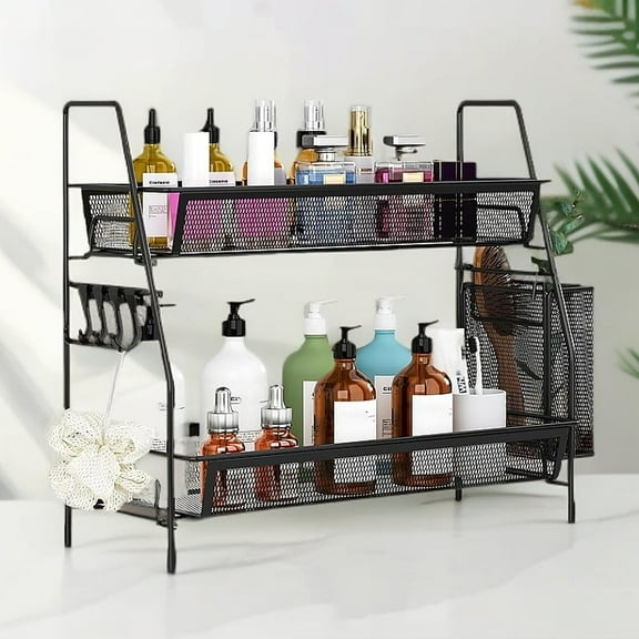 LTS EMIRA Countertop Organizer for Bathroom Counter, The Organizer for Bedroom, Spice Rack Organizer for Kitchen Counter Shelf with Small Basket(Black)