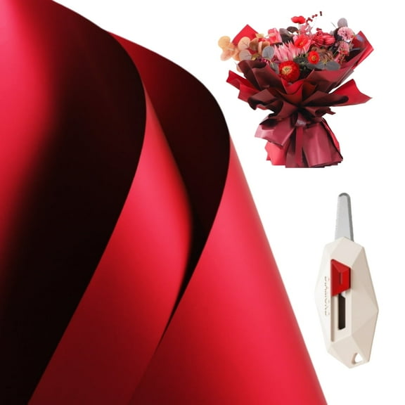 LTS EMIRA Flower Wrapping Paper - 20 Sheets 22.4 x 22.4 inch Water-Resistant Floral Bouquet Wrapping Paper with Paper Cutter,Florist Supplies for Wedding Gift DIY Craft Wrap,Red