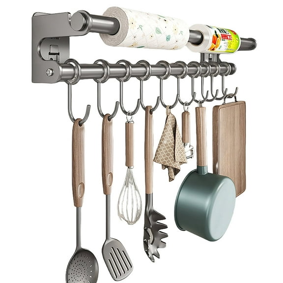 LTS EMIRA Kitchen Hanging Racks with Plastic Wrap Organizer, 20 inch Rail Utensil Storage Hanger with 10 Pcs Sliding Hooks, Wall Mounted Rod Holder for Pots Pan Spatula Spoon Cookware Mug Cup