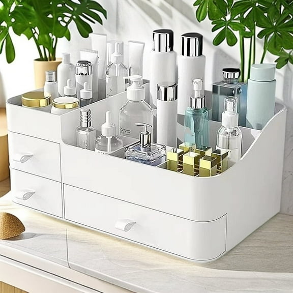 LTS EMIRA Makeup Organizer for Vanity, Large Capacity Desk Organizer with Drawers for Cosmetics, Lipsticks, Jewelry, Nail Care, Skincare, Ideal for Bedroom and Bathroom Countertops - White