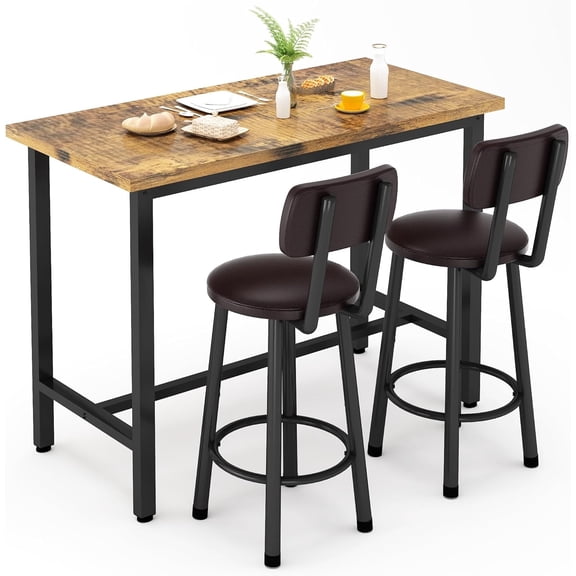 Cvortll 3 Pieces Bar Table Set, Bistro Kitchen Table Sets with 2 PU Leather Bar Stools, Wood Pub Bar Table Set for Breakfast Nook Small Space Restaurant, Rectangular Table
