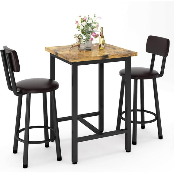 LTTROMAT 3 Pieces Bar Table Set, Bistro Kitchen Table Sets with 2 PU Leather Bar Stools, Wood Pub Bar Table Set for Breakfast Nook Small Space Restaurant, Square Table