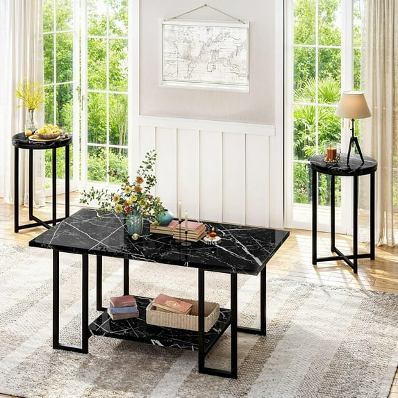 LTTROMAT 3-Piece Living Room Table Set, Coffee Table with 2 Round End Tables, Faux Marble Top & Metal Frame, for Apartment & Home, Black