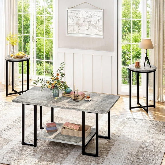Cvortll 3-Piece Living Room Table Set, Coffee Table with 2 Round End Tables, Faux Marble Top & Metal Frame, for Apartment & Home, Gray