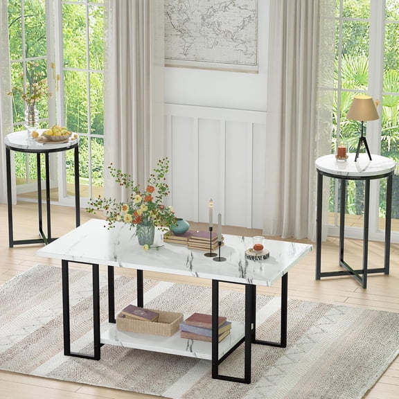 Cvortll 3-Piece Living Room Table Set, Coffee Table with 2 Round End Tables, Faux Marble Top & Metal Frame, for Apartment & Home, White
