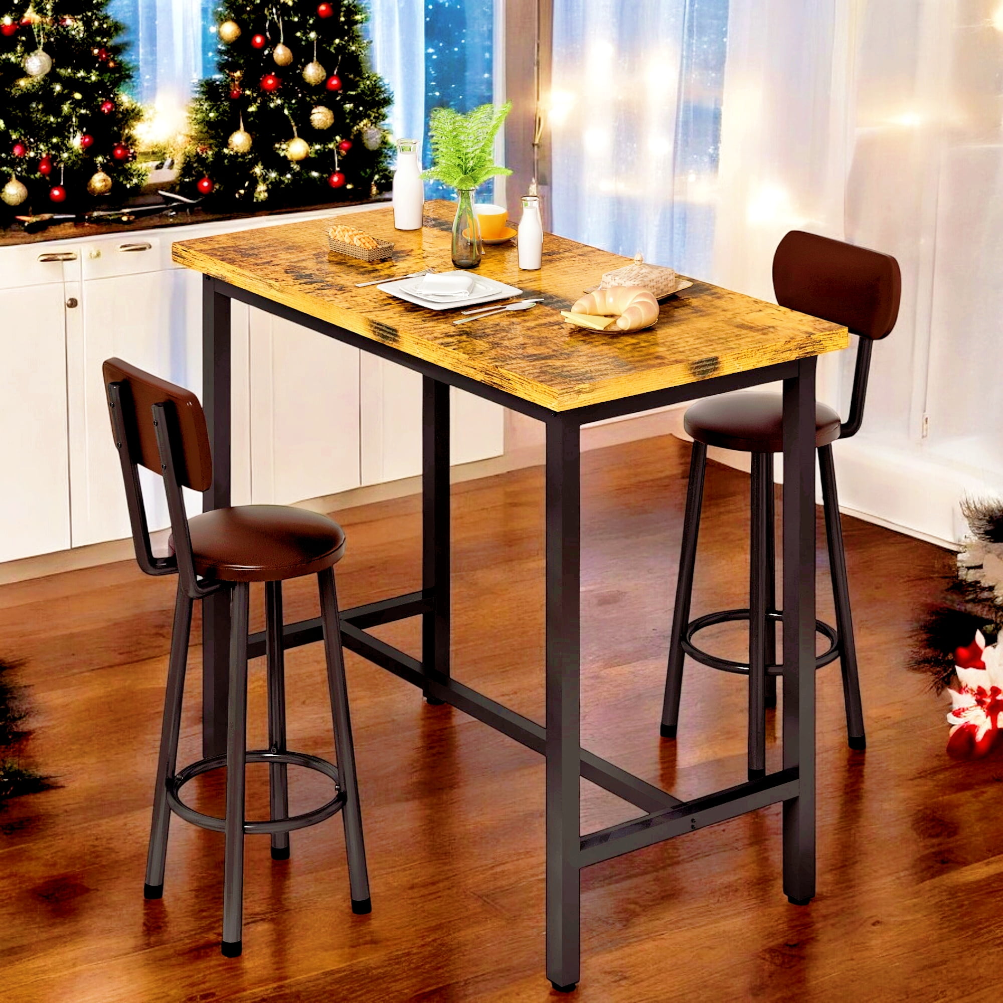 Rustic Brown 3-Piece Pub Dining Set with Drop Leaf Table