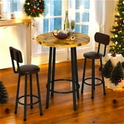 LTTROMAT 3-Piece Dining Set, Wood Pub Bar Table with 2 PU Leather Stools, Space-Saving Table for Small Kitchen Spaces, Round