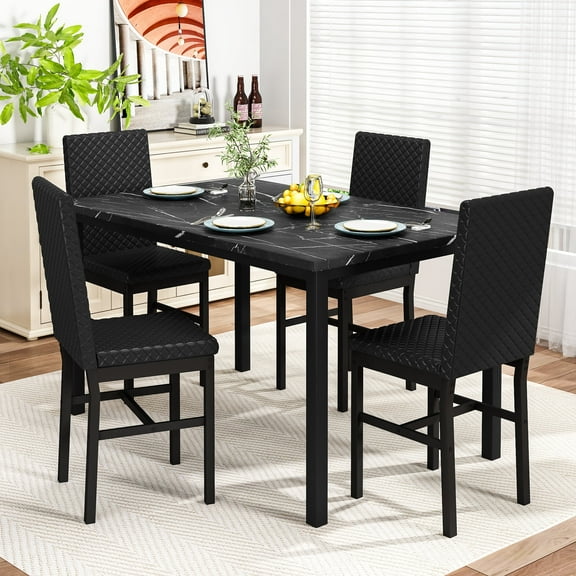 LTTROMAT 5 Piece Dining Table Set, Kitchen Table and Chairs Set for 4 with Faux Marble and 4 Velvet Upholstered Dining Chairs for Home, Restaurant, Black & Black