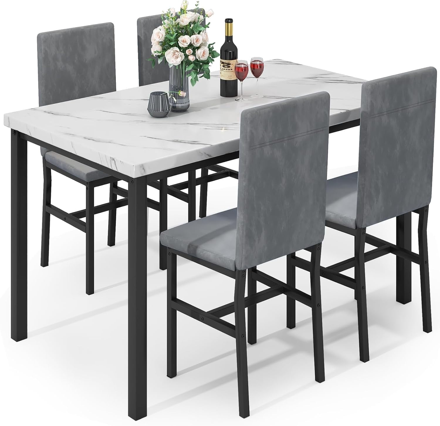Cvortll 5-Piece Dining Table Set for 4, Modern Faux Marble Dining Table with 4 Velvet Chairs, White & Grey