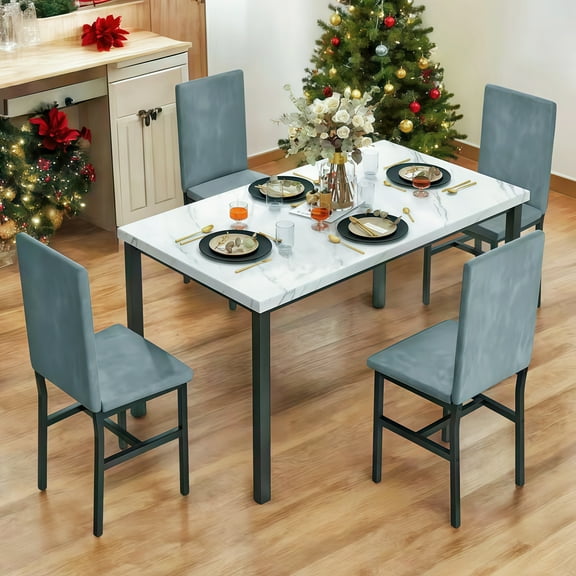 LTTROMAT 5-Piece Dining Table Set for 4, Modern Faux Marble Dining Table with 4 Velvet Chairs, White & Grey