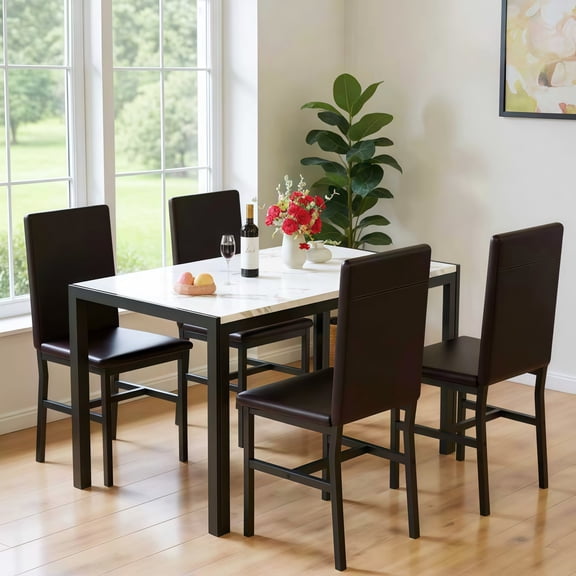 LTTROMAT Dining Table Set for 4, Modern Faux Marble Kitchen Table Set with 4 Leather Upholstered Chairs, 5-Piece Dinette for Dining Room, Nooks