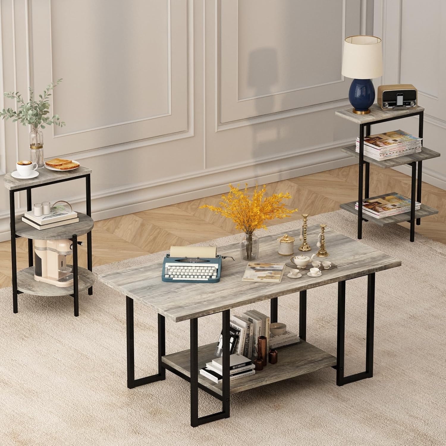 Cvortll Coffee Table Set of 3, Rectangle Faux Marble Tabletop & 2 Tiered Side Tables, Multi-Level Storage for Living Room（Gray & Black）
