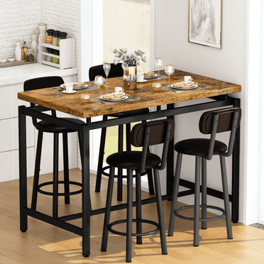 LTTROMAT Dining Table Set for 4, Bar Table and Chairs Set with 4 Upholstered Bar Stools, High Top Table and Chairs for Kitchen Dining Room, Vintage Brown
