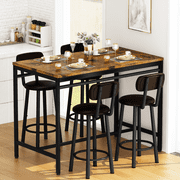 LTTROMAT Dining Table Set for 4, Bar Table and Chairs Set with 4 Upholstered Bar Stools, High Top Table and Chairs for Kitchen Dining Room, Rustic Brown