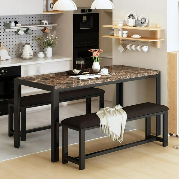 LTTROMAT Dining Table Set for 4, Faux Marble Kitchen Table Set with 2 PU Leather Benches, Breakfast Nook Set for Small Spaces, 3 Piece Farmhouse Dining Room Table Set, Rustic Brown
