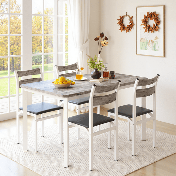 LTTROMAT Dining Table Set for 4 with PU Leather Chairs, Modern Wooden Kitchen Table, Square Dinette Set, Gray