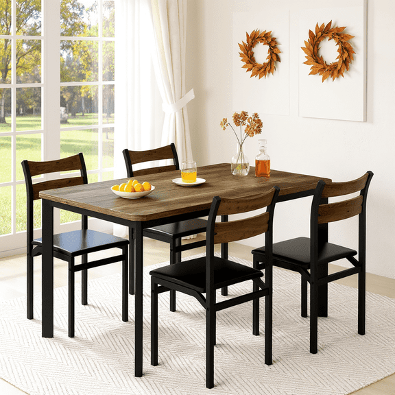 LTTROMAT Rectangle Wooden Dining Table Set for 4 with PU Leather Chairs, Modern Kitchen Table Set, Brown