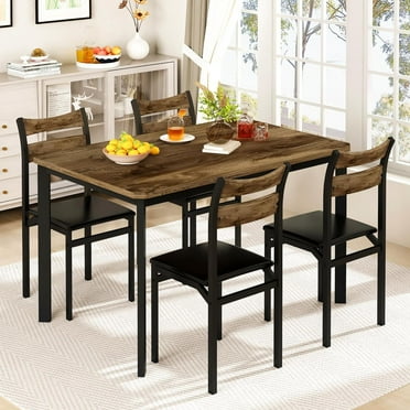 LTTROMAT Dining Table Sets for 4, Dining Room Table with 4 PU Leather Upholstered Chairs, Modern Wood Kitchen Table and Chairs Set, Square Dinette Sets for Breakfast Nook, Brown