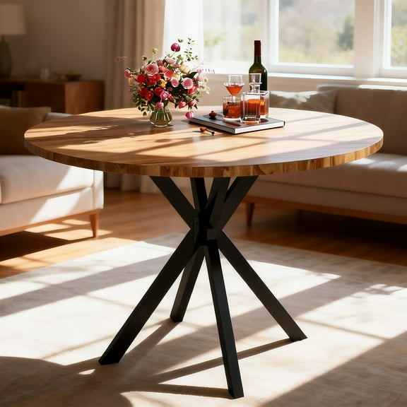 LTTROMAT Mid-Century Round Pedestal Dining Table, 39-Inch, Walnut, Black Metal Legs, Space-Saving Design