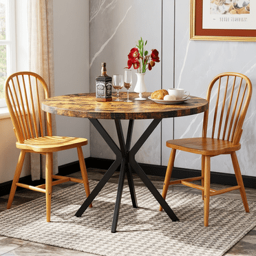 LTTROMAT Mid-Century Modern Round Dining Table for 4-6 Person, 39" Brown Dining Table with Metal Black Legs for Cafe/Bar Kitchen Dining Office, Save Space