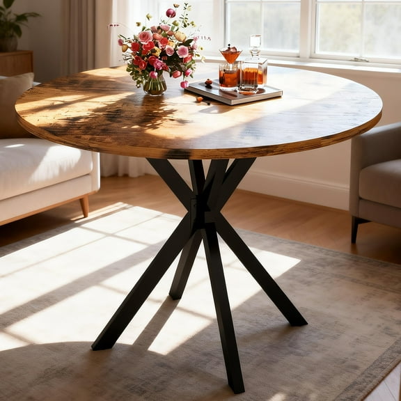 LTTROMAT Mid-Century Round Pedestal Dining Table, 39-Inch, Brown, Black Metal Legs, Space-Saving Design