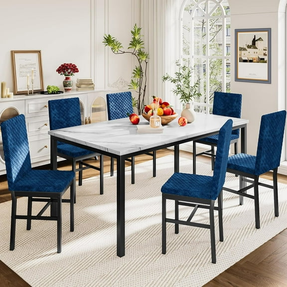 LTTROMAT 7-Piece Dining Set, Faux Marble Table with Velvet Chairs, Blue