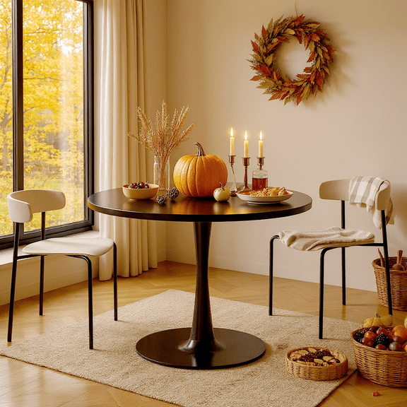 36 in. Antique Round Acacia Wood Dining Table with Wirebrushed Black Pedestal