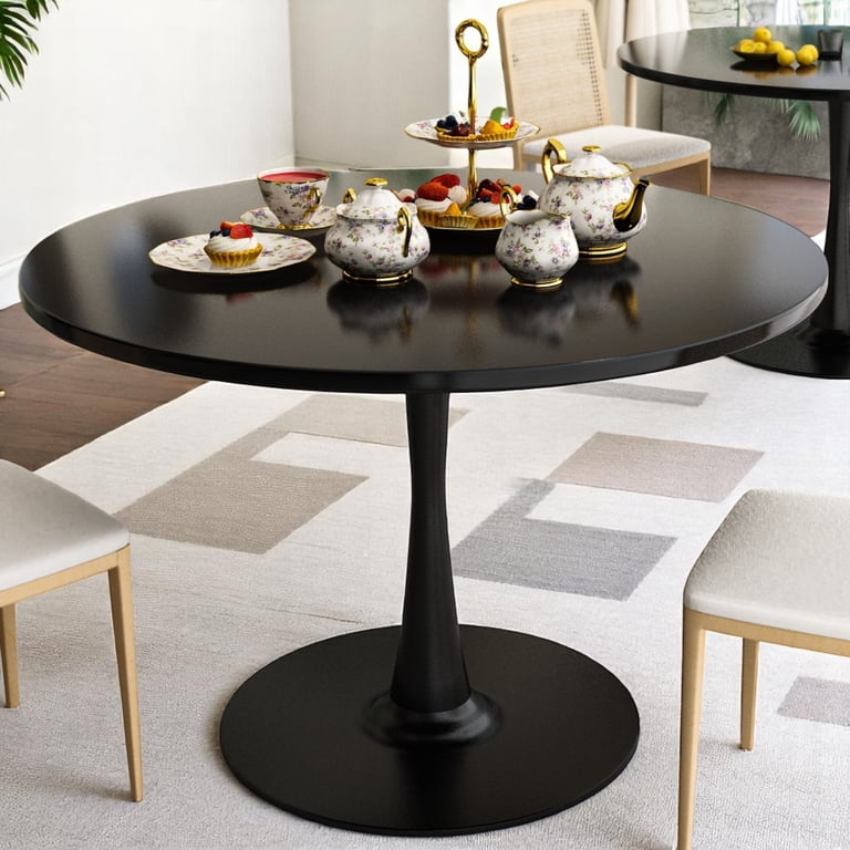 47.24" Round Tulip Dining Table – Mid-Century Modern Style, MDF Top & Steel Base, Seats 4-6, Black – Perfect As Dining Table Or Large Coffee Table