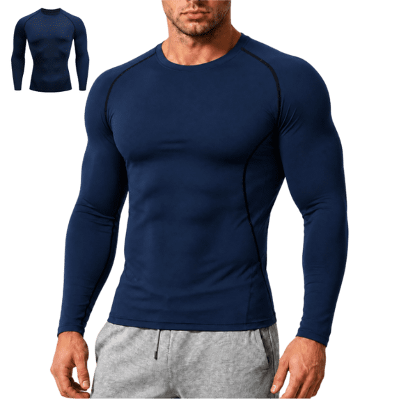 LTTVQM 2 Pack Compression Shirts Men Long Sleeve Lightweight Breathable Rash Guard Workout Undershirt Casual Basic Layer Athletic Running Sports Tops Navy L