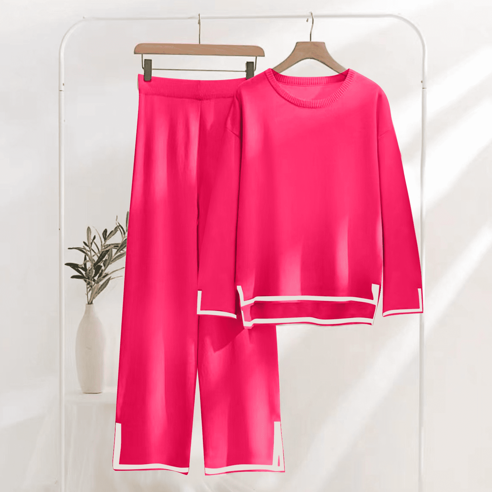 LTTVQM Luggage Sets for Women 2 Piece Long Sleeve Casual Knit Pullover Sweater Top Elastic Waist Wide Leg Pants Lounge Sets Split Hem Tracksuits Hot Pink XL