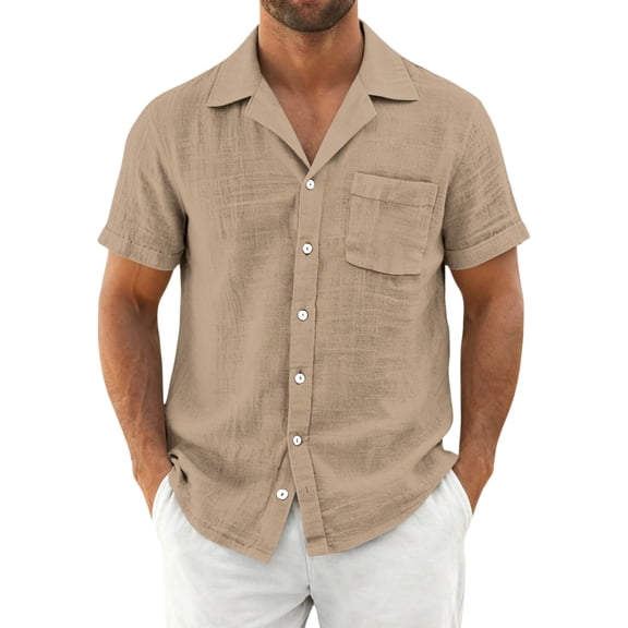 LTTVQM 2026 Mens Casual Short Sleeve Button Down Shirts Cuban Linen Textured Shirt Summer Beach Wear Khaki XL