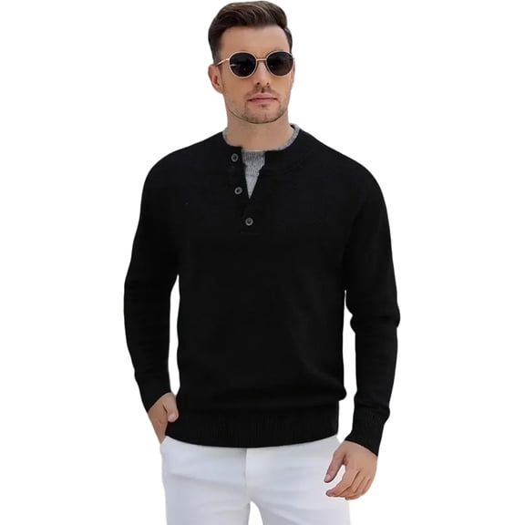 LTTVQM 2Pcs Mens Long Sleeve Sweater Henley Shirts Casual 3-Button Cotton-Poly Blend T-Shirts Black 2XL