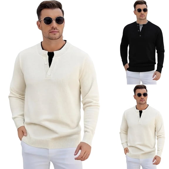 LTTVQM 2Pcs Mens Long Sleeve Sweater Henley Shirts Casual 3-Button Cotton-Poly Blend T-Shirts White 2XL