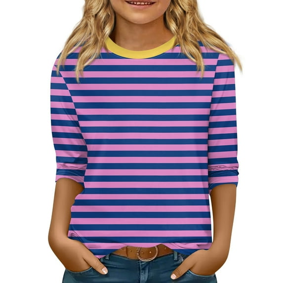 LTTVQM Girls Tshirts 7-8 Winter Fashion Striped Print Tee Three Quarter Sleeve Soft Crewneck Blouse Tween Girls Cute Clothes Purple 7-8 Years