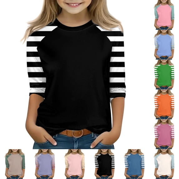 LTTVQM 3/4 Length Sleeve Shirts for Girls Fall Casual Print T-Shirts Round Neck Comfy School Blouse Tween Girls Trendy Tops 2-13 Years