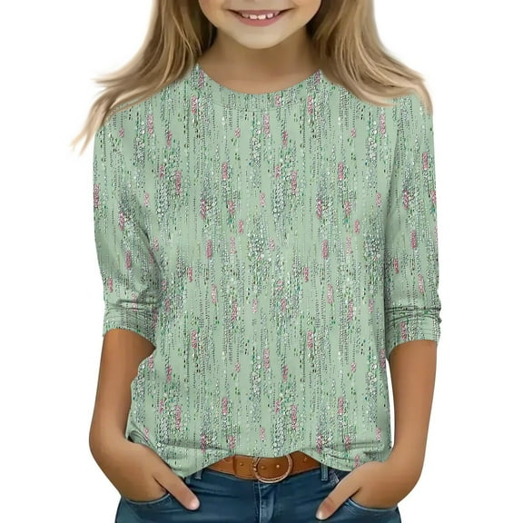 LTTVQM 3/4 Length Sleeve Shirts for Girls Fall Trendy Floral Graphic Cute Tops Vacation Round Neck Blouses for Girls Clothes Mint Green 4-5 Years