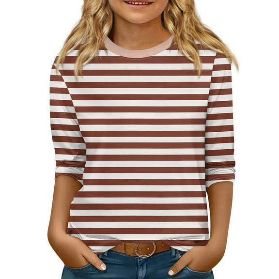 LTTVQM Girls Tshirts 12-13 Fall Fashion Striped Graphic Tee 3/4 Sleeve Vacation Crew Neck Blouses Tween Girls Basic T Shirts Red 12-13 Years