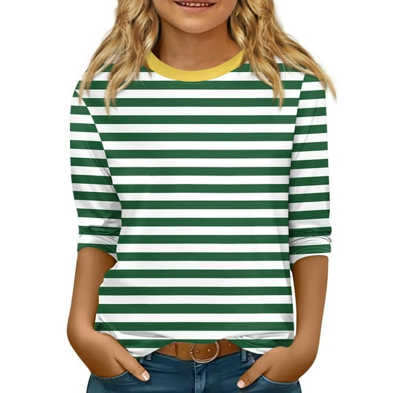LTTVQM Three Quarter Sleeve Shirts for Girls Fall Casual Striped Print T Shirts Round Neck Comfy Blouse Tween Girls Trendy Clothes Green 12-13 Years
