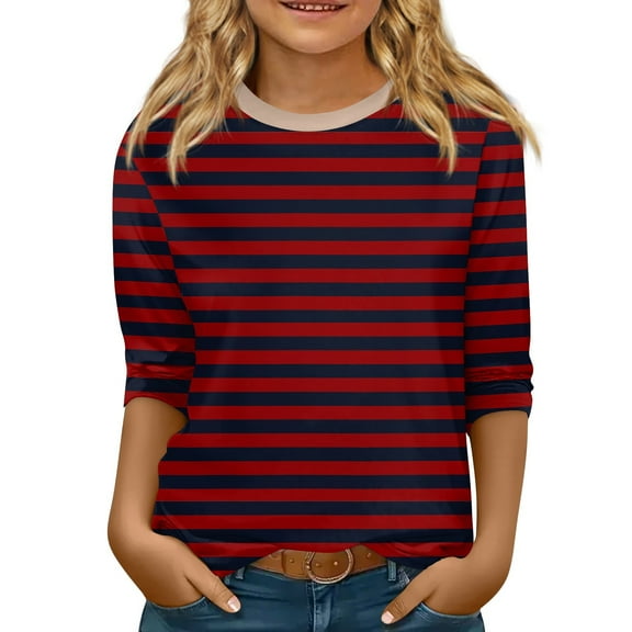 LTTVQM Girls Tshirts 4-5 Fall Fashion Striped Graphic Tee Three Quarter Sleeve Comfy Crewneck Blouse Tween Girls Basic Tunic Tops Wine 4-5 Years