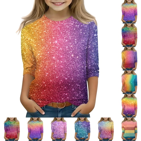 LTTVQM 3/4 Sleeve Tops for Girls Funny Casual Rainbow Gradient Print T Shirts Comfortable Crew Neck Blouse Tween Girls Fall Trendy Tops 3-13 Years