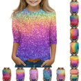thumbnail image 1 of LTTVQM 3/4 Sleeve Tops for Girls Funny Winter Fashion Rainbow Gradient Print Casual Shirts Basic Crewneck Blouses Tween Girls Tops 3-13 Years, 1 of 1
