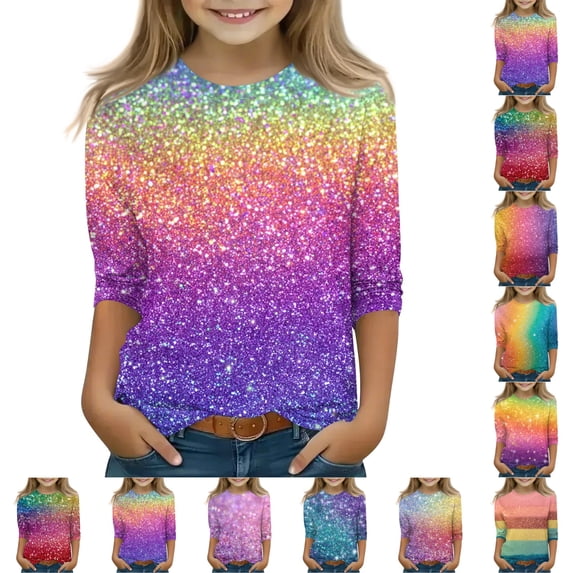 LTTVQM 3/4 Sleeve Tops for Girls Funny Winter Fashion Rainbow Gradient Print Casual Shirts Basic Crewneck Blouses Tween Girls Tops 3-13 Years