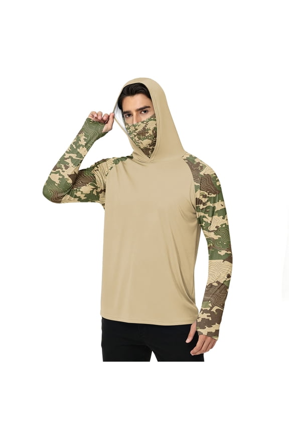 Adult Male All Season Lightweight Sun Safe Hoodie Long Sleeve Clean Forest Realtree Camo Raglan Pattern Print Built-in Face Gaiter Loose Fit Outdoor Hunting Sports Pullover Camel 4XL